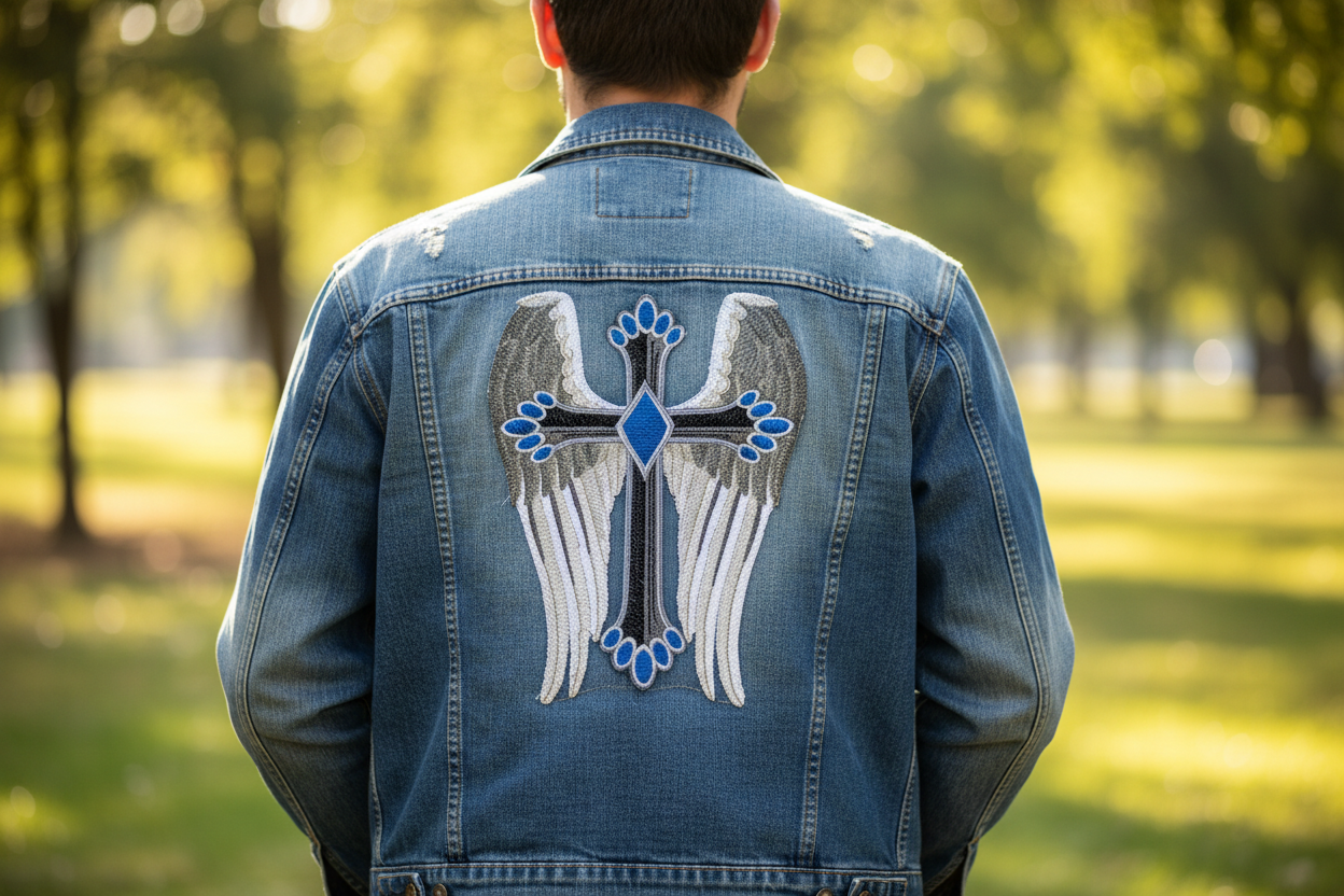 Winged cross patch on denim jacket lifestyle