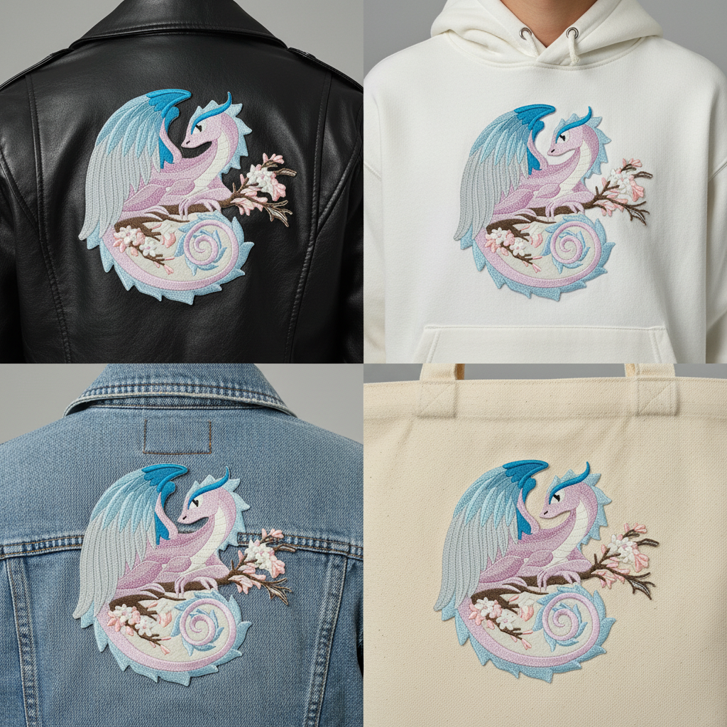 Spring Dragon patch on different fabrics
