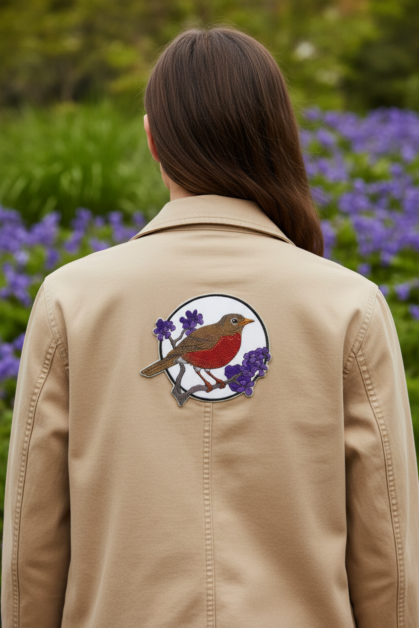 Model wearing jacket with robin patch on back