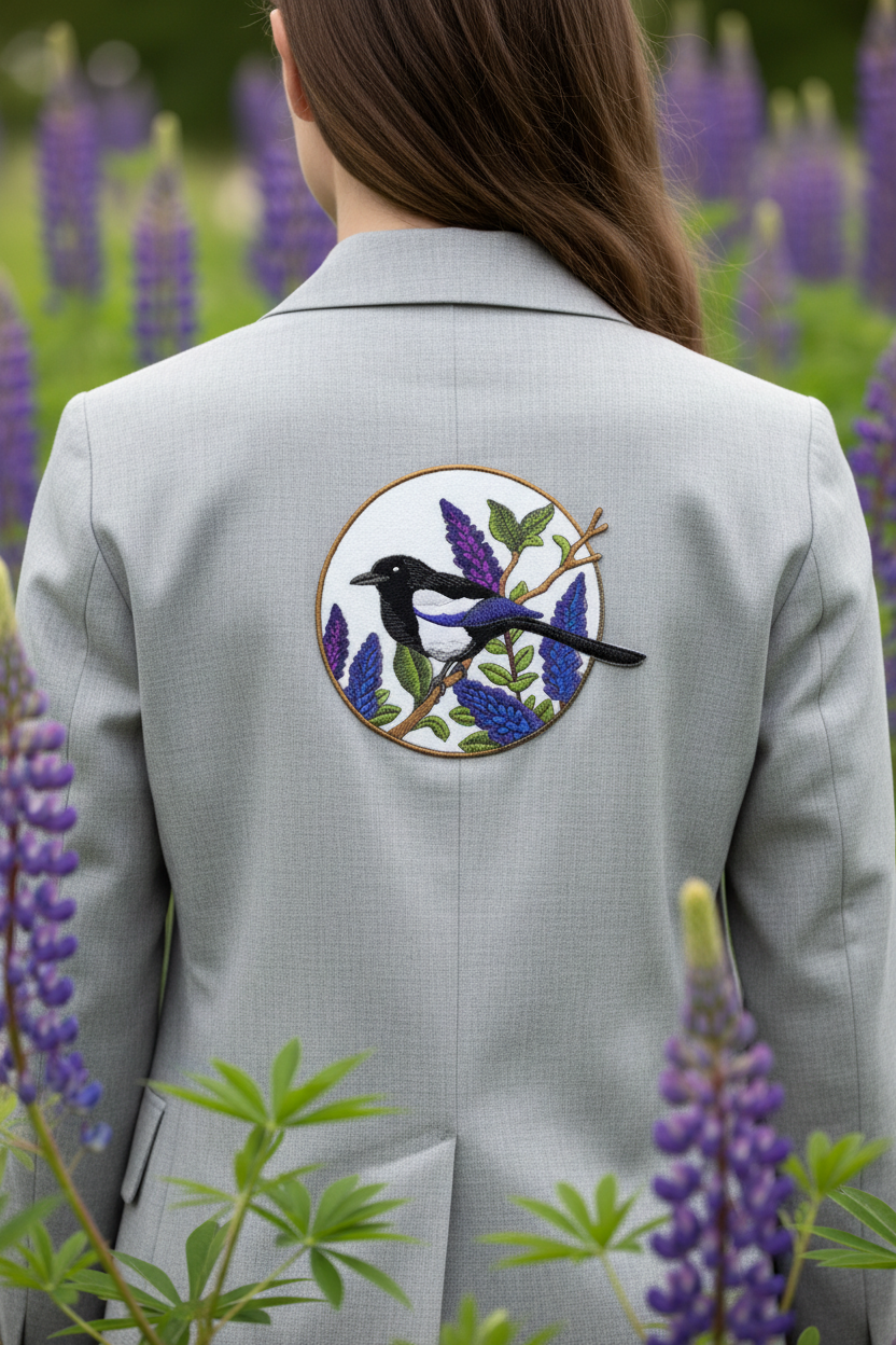 Model wearing jacket with magpie patch on back