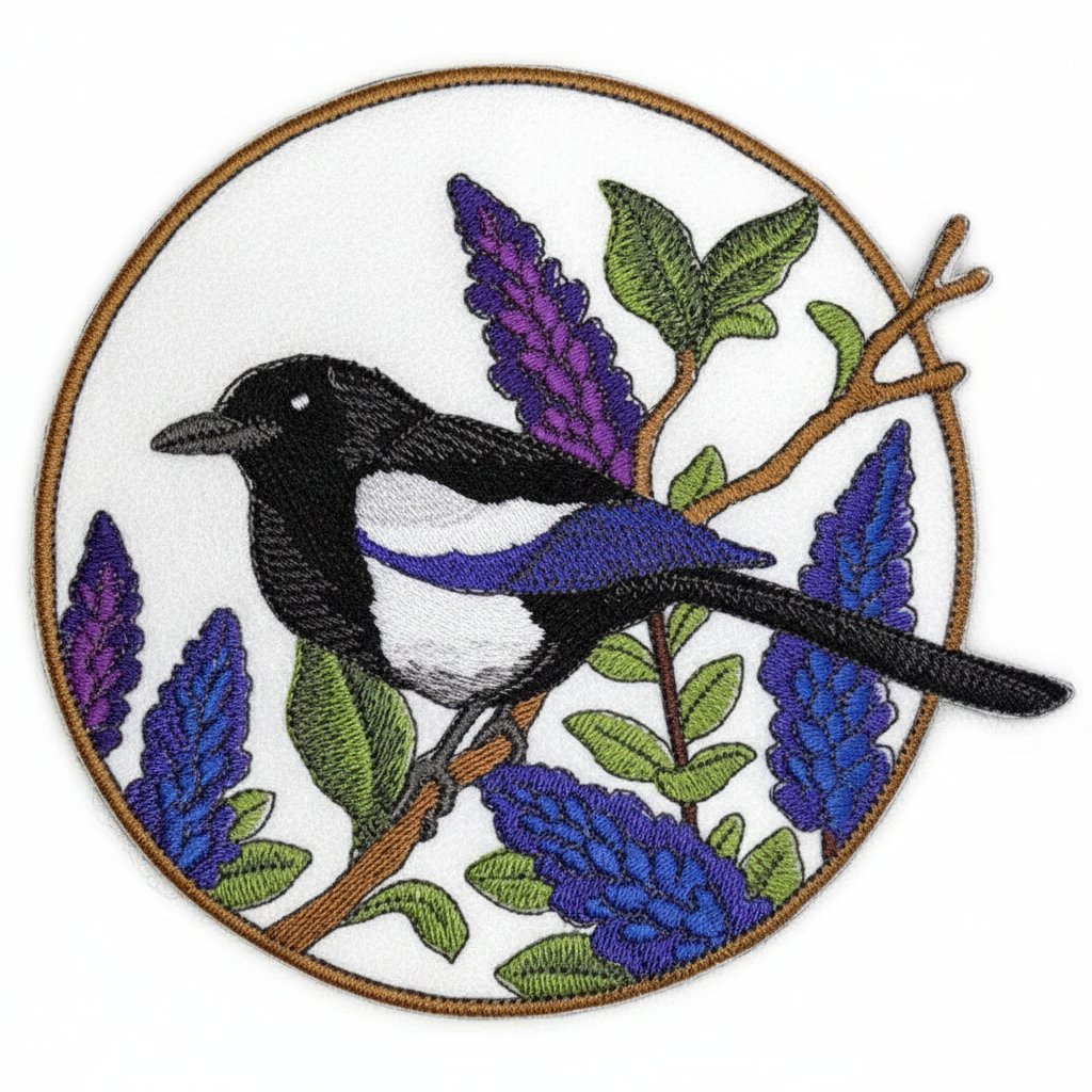 Black-billed magpie and lupine embroidered patch on white background