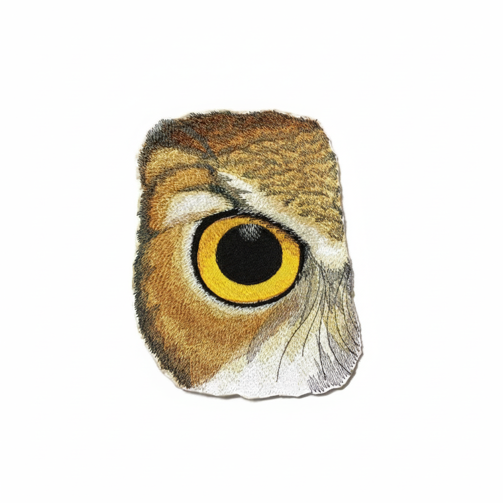 Eye of Owl embroidered patch on white background - HD Amazon compliant product image