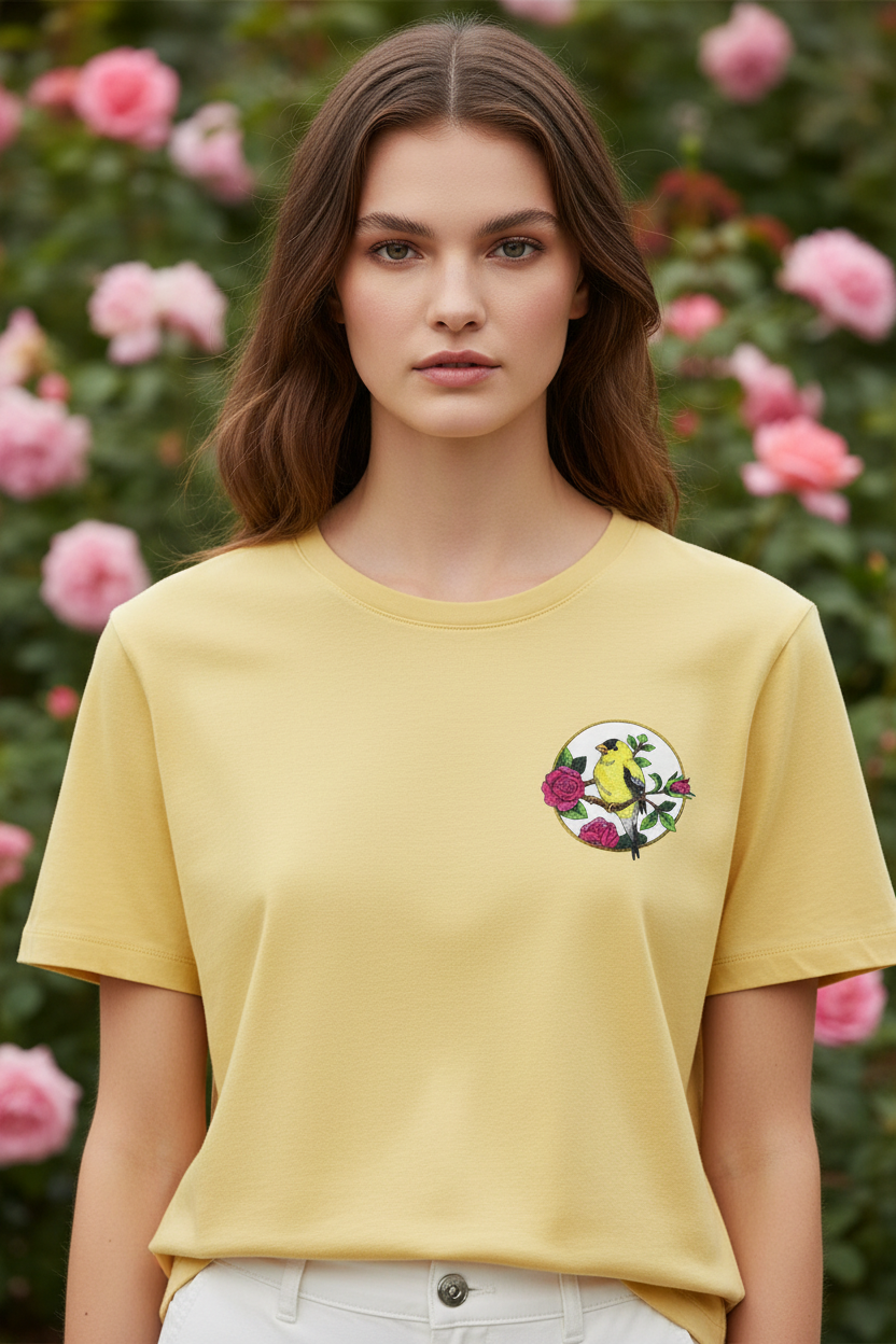 Model wearing t-shirt with goldfinch patch on chest