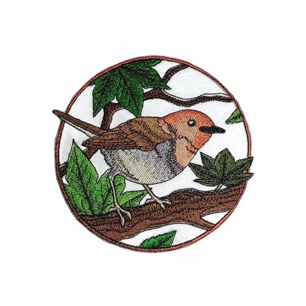 Hermit thrush and ivy embroidered patch on white background