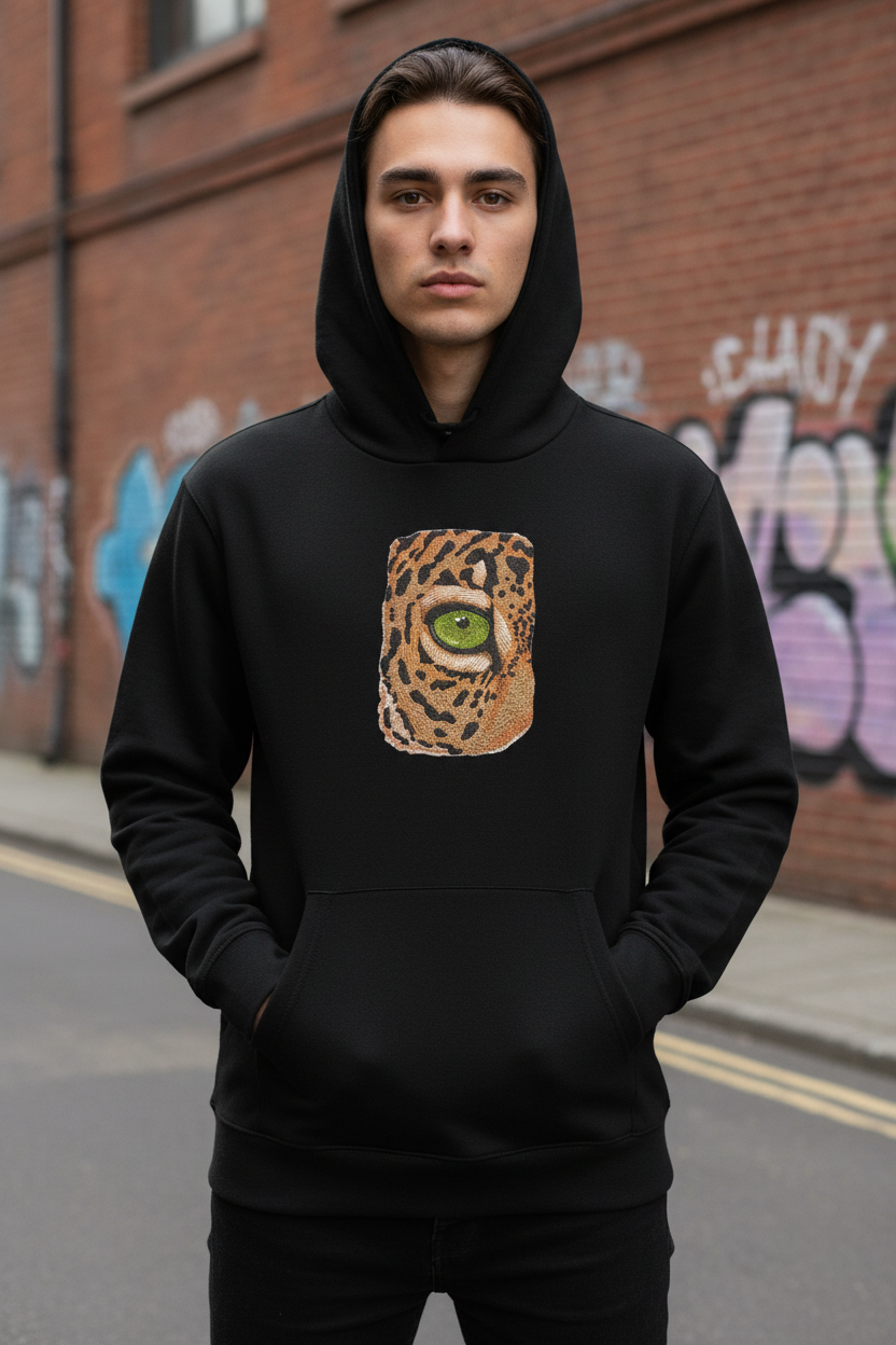 Model wearing Eye of Jaguar patch on hoodie chest - urban street scene