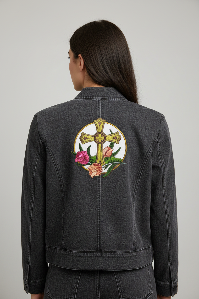 Model wearing jacket with cross and floral patch on back