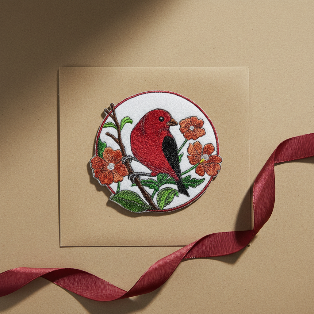Scarlet tanager patch gift presentation on kraft paper with ribbon