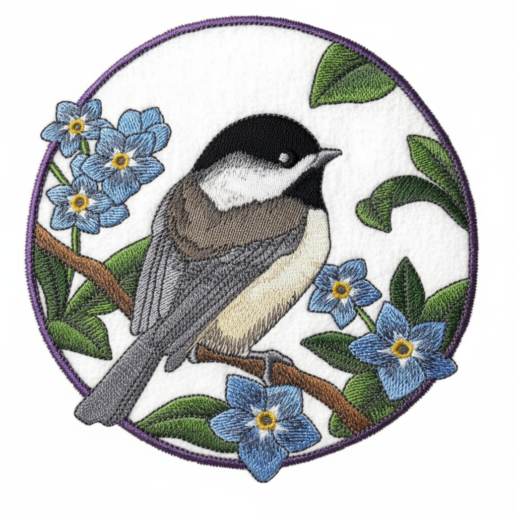 Chickadee and forget-me-not embroidered patch on white background