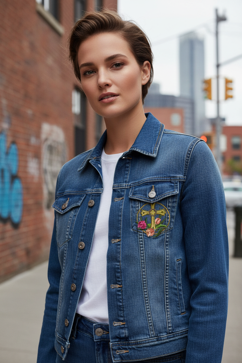 Model wearing jacket with cross and floral patch on chest