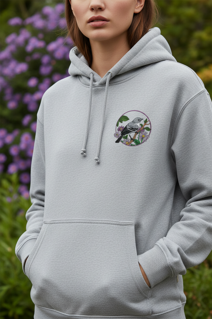Model wearing hoodie with mockingbird patch on chest