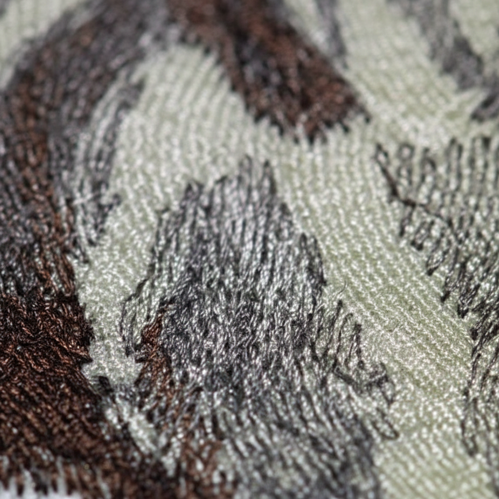 Extreme macro close-up of Shih Tzu patch embroidery stitching detail