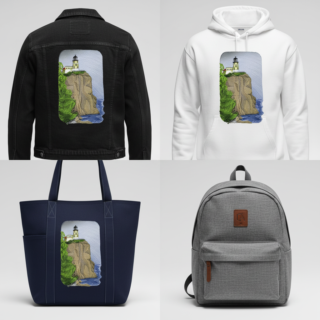 Grid comparison showing Split Rock Lighthouse patch on jacket, hoodie, tote bag, and backpack