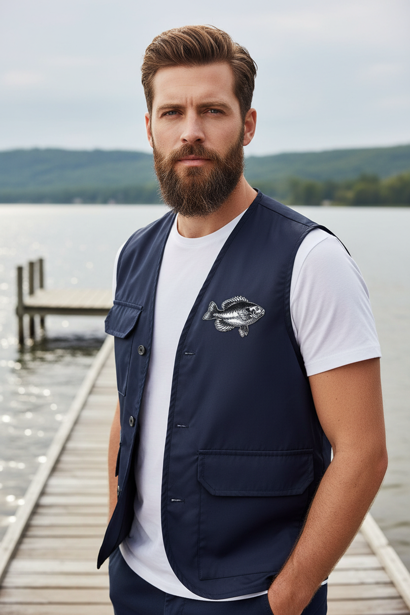 Fashion model wearing fishing vest with fish patch on chest at lakeside