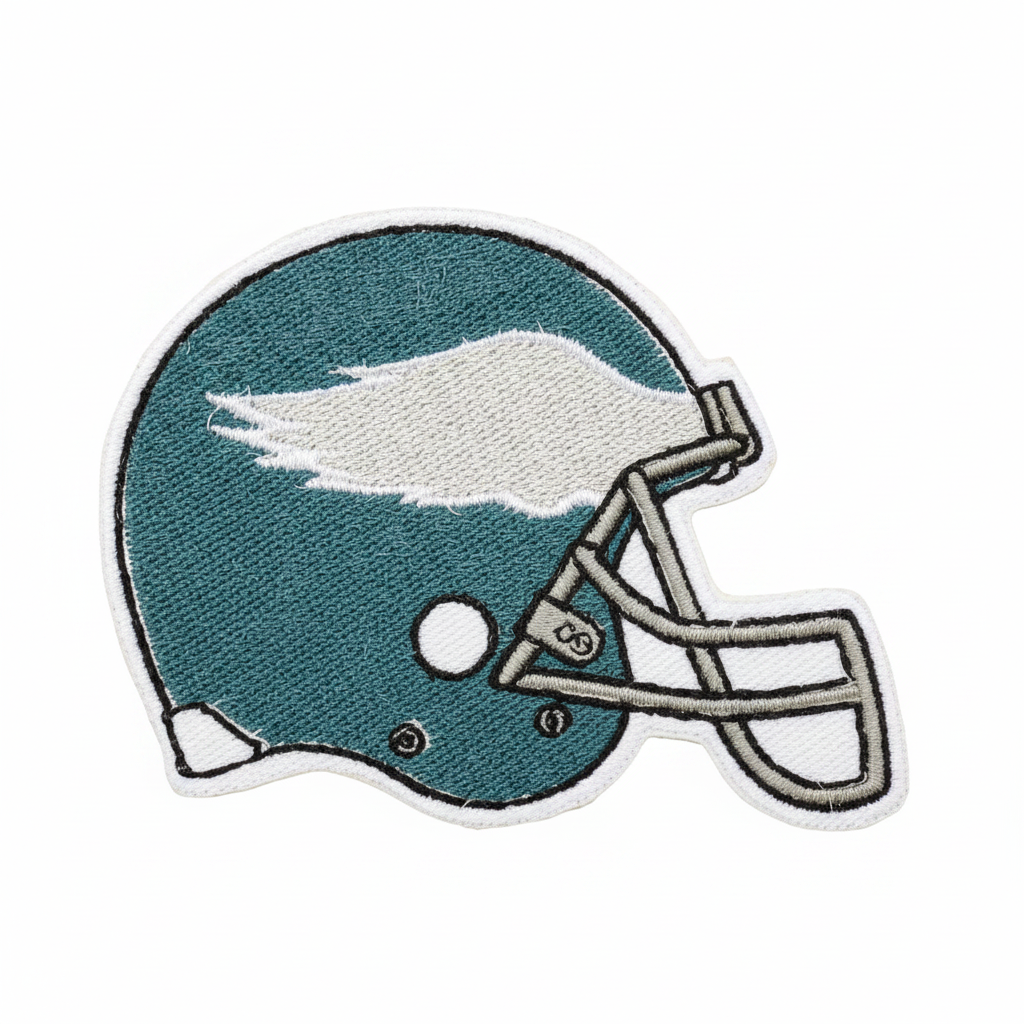Philadelphia Eagles teal football helmet embroidered patch on a white background