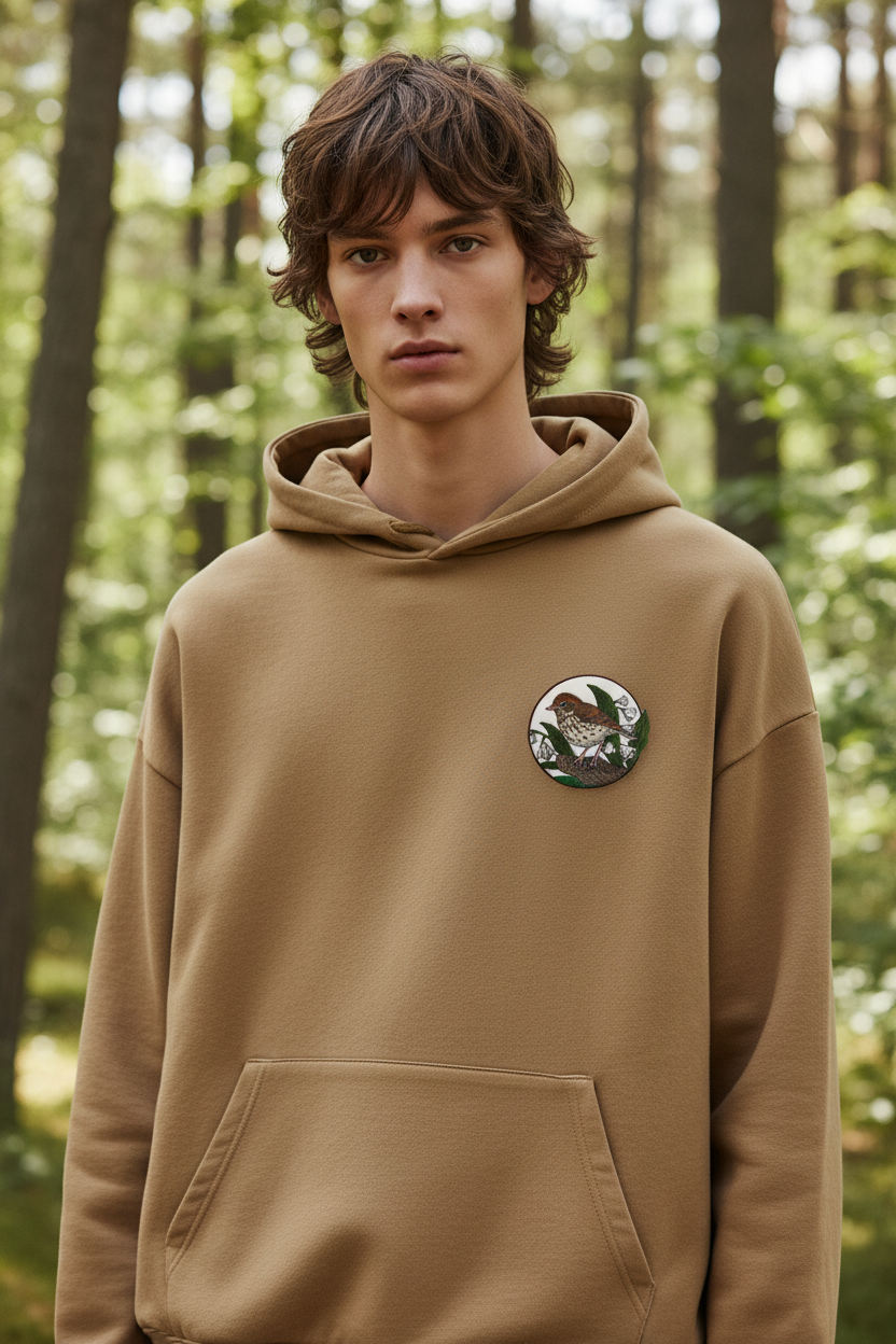 Model wearing hoodie with wood thrush patch on chest