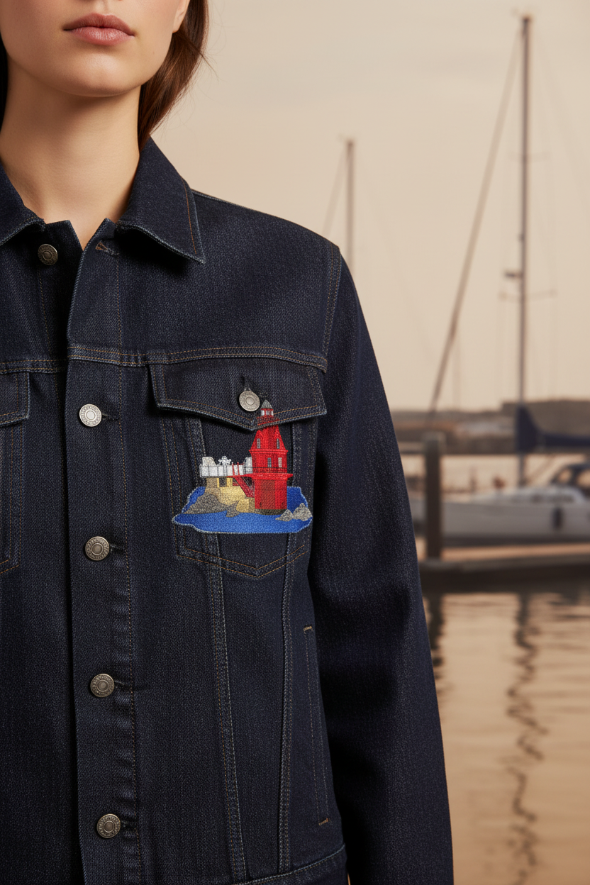 Fashion model wearing jacket with Ship John Shoal Lighthouse patch on chest at coastal harbor