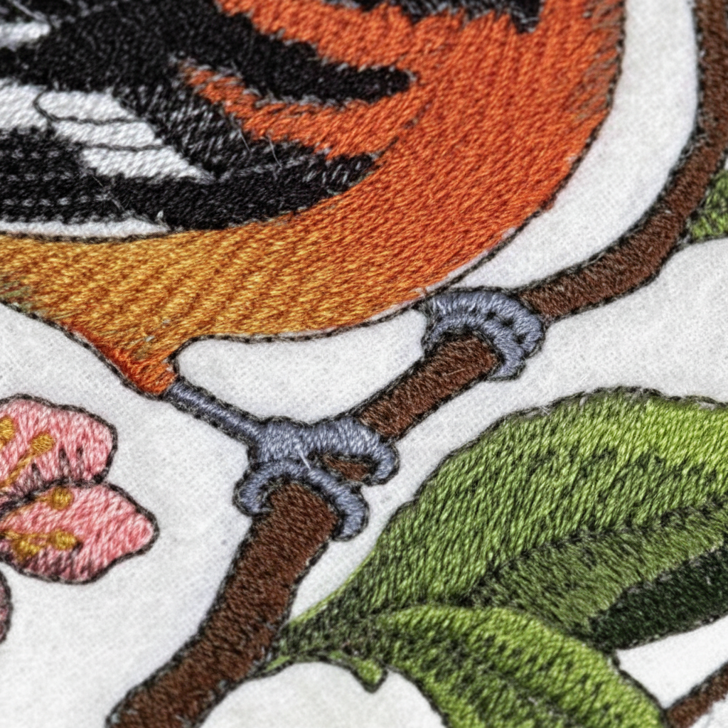 Extreme macro close-up of oriole patch embroidery stitching detail showing thread texture