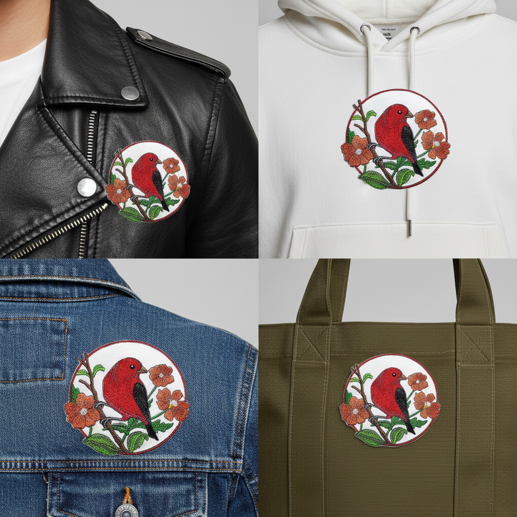 Scarlet tanager patch shown on different fabrics - jacket, hoodie, denim, canvas bag