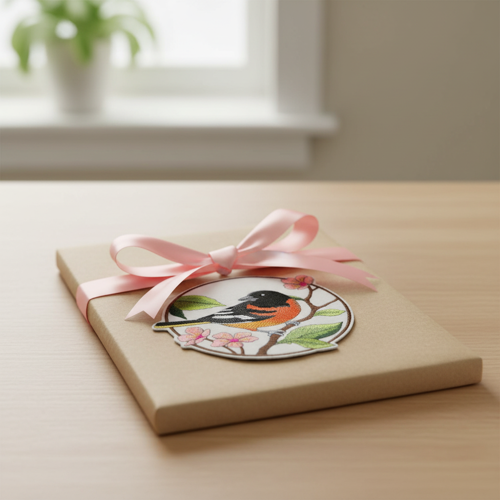 Gift presentation of oriole and cherry blossom patch on kraft paper with pink ribbon