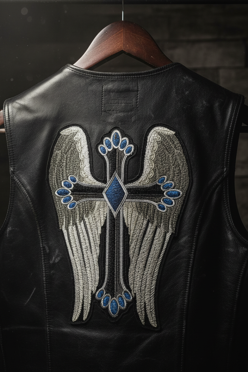 Embroidered patch on black leather vest