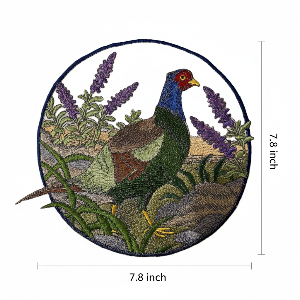 Green Pheasant patch with size reference measuring lines showing 7.8 inch dimensions