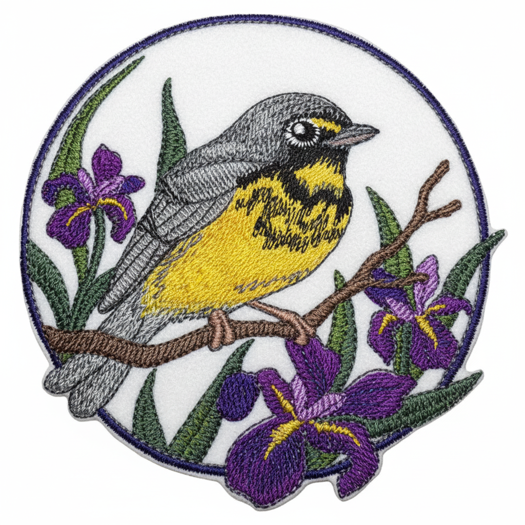 Canada warbler and iris embroidered patch on white background