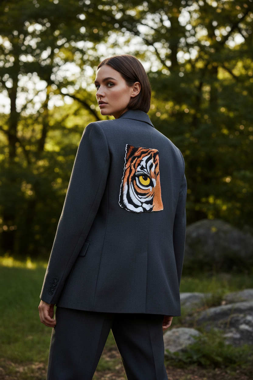 Fashion photo showing tiger eye patch on jacket back placement