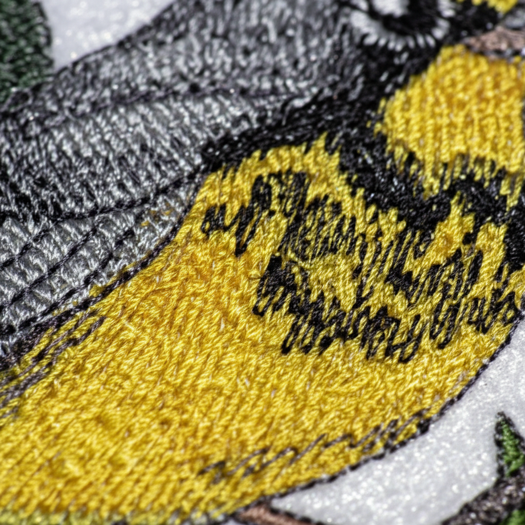 Extreme macro close-up of yellow and black embroidery stitching detail