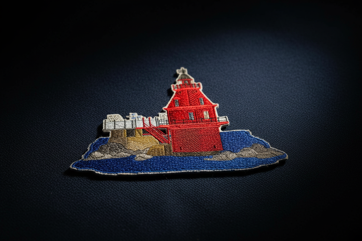 Artistic lifestyle photo of Ship John Shoal Lighthouse patch on canvas with dramatic nautical lighting