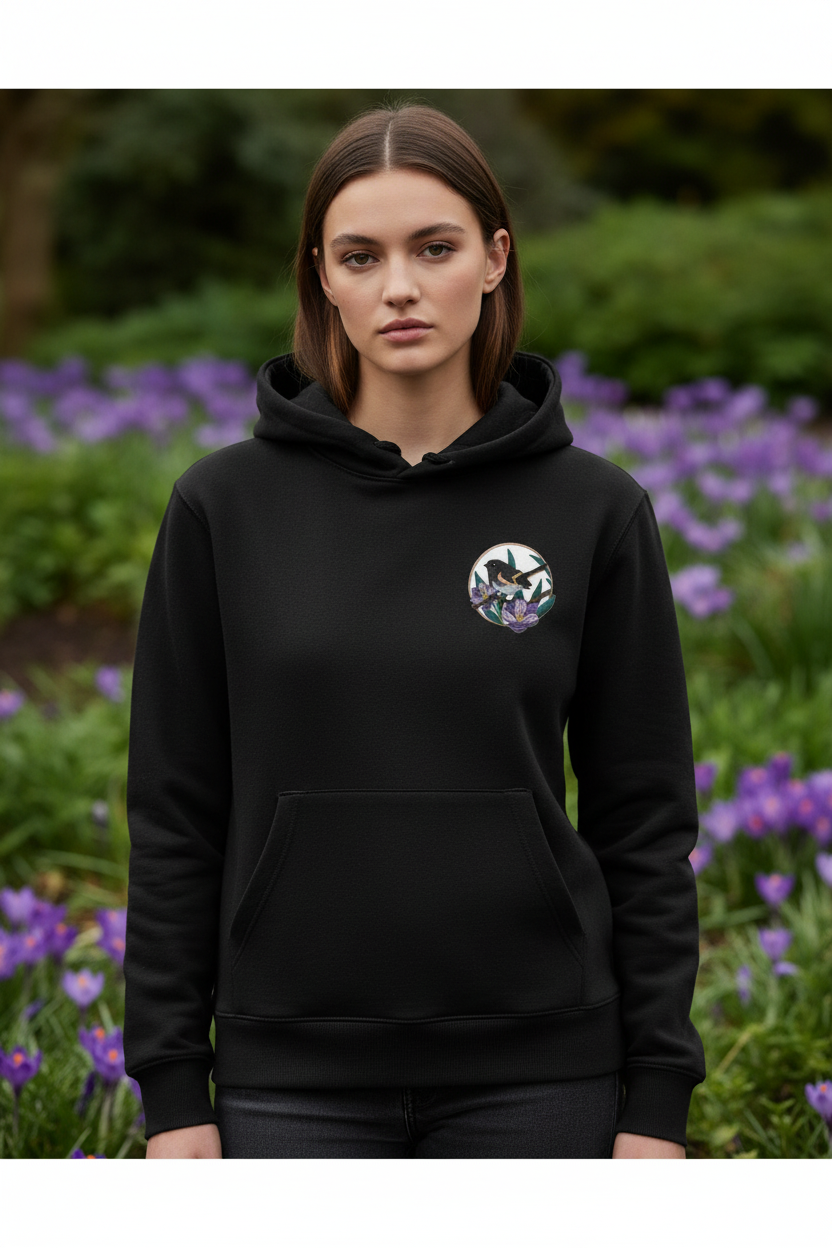 Model wearing hoodie with American redstart patch on chest