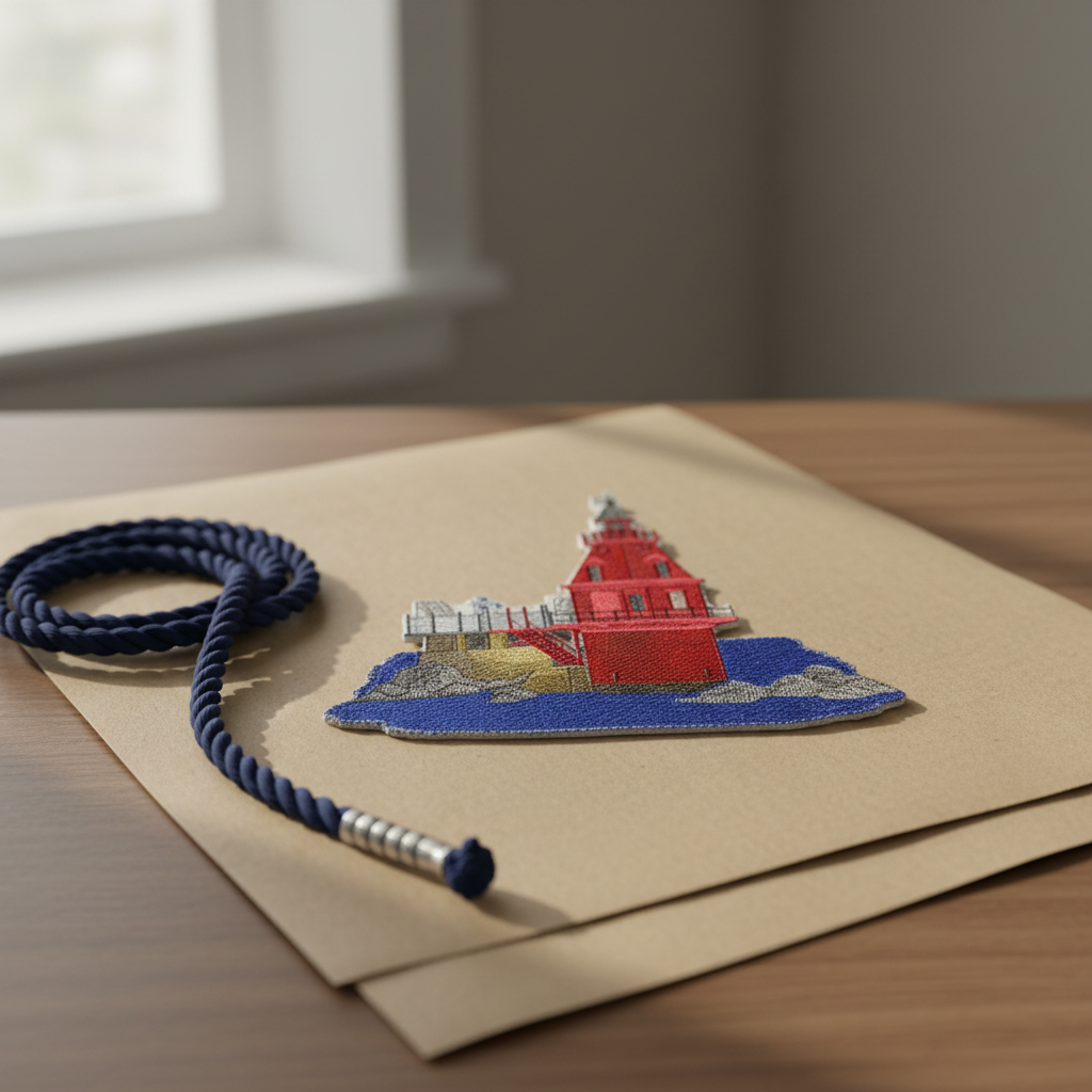 Gift presentation of Ship John Shoal Lighthouse patch on kraft paper with nautical rope