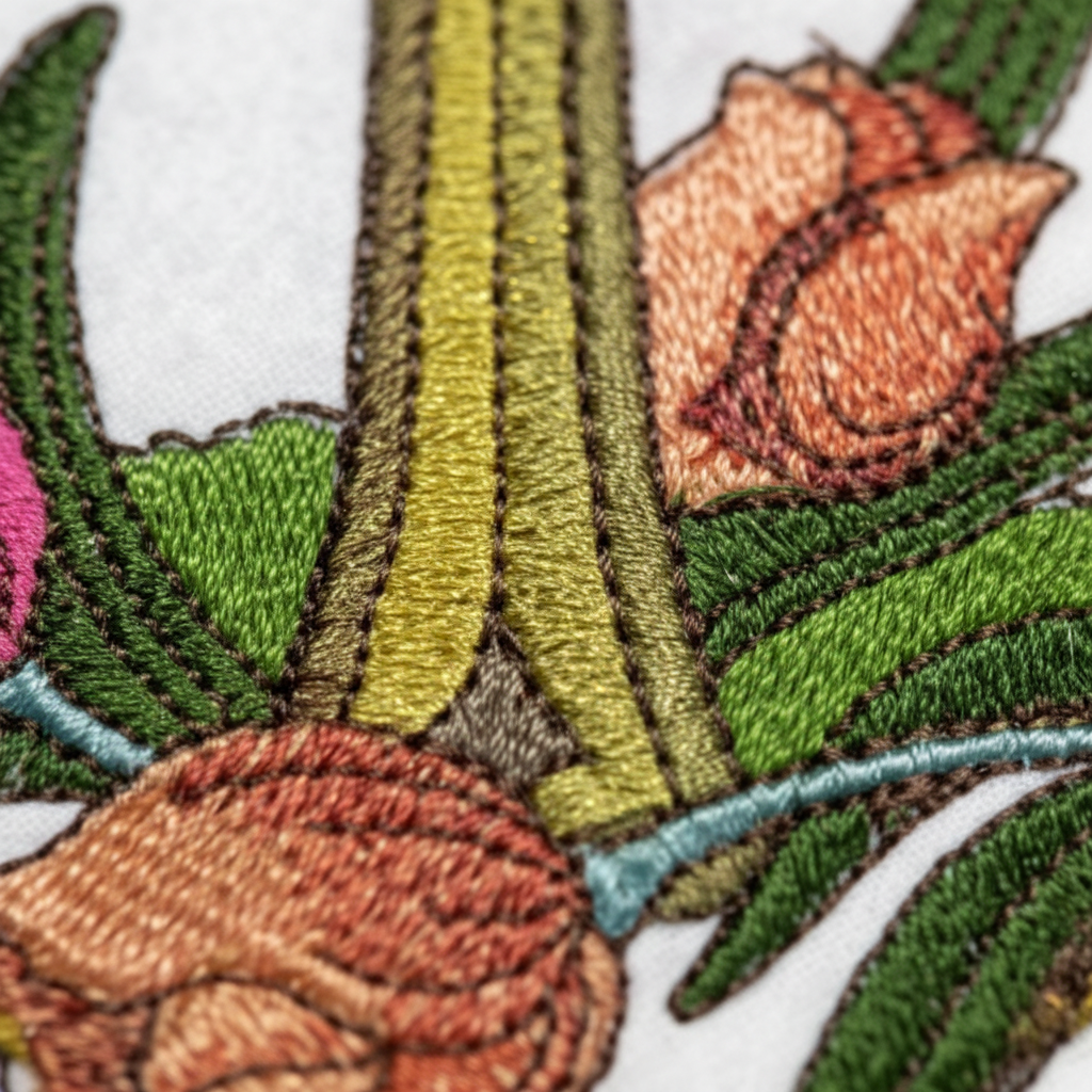 Macro detail of gold and floral embroidery stitching