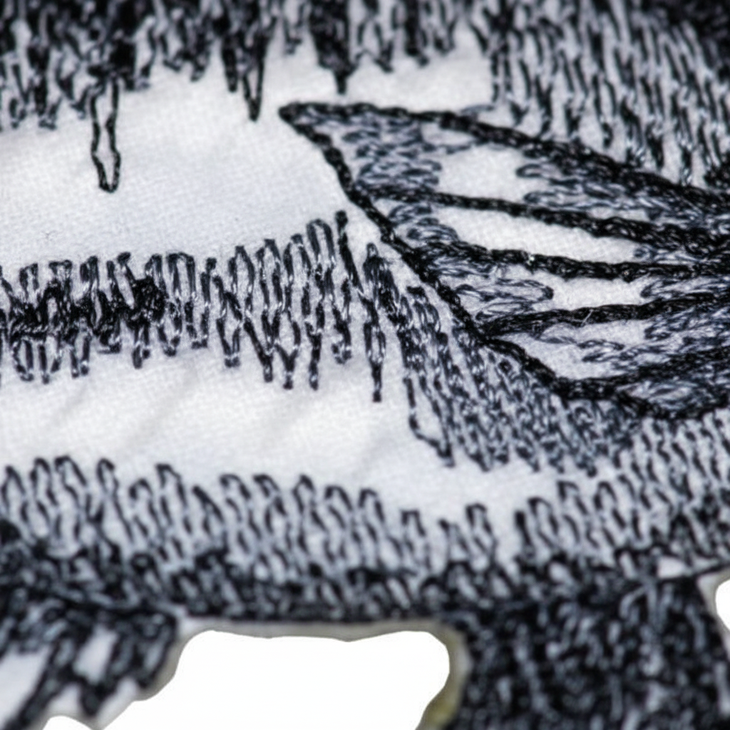 Extreme macro close-up of fish patch embroidery stitching detail
