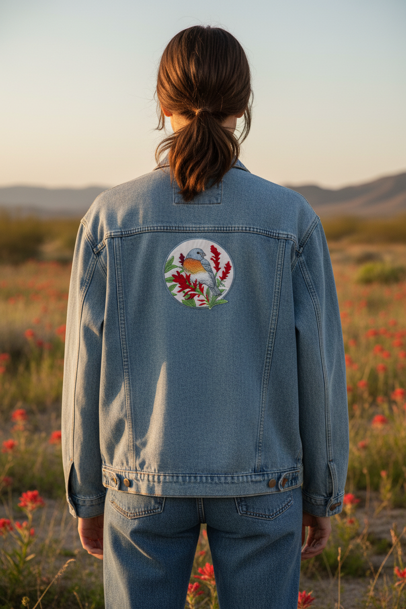 Model wearing denim jacket with lazuli bunting patch on back