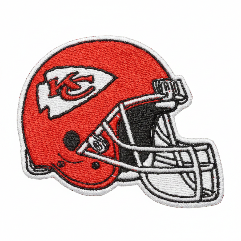 Kansas City Chiefs football helmet embroidered patch on a white background