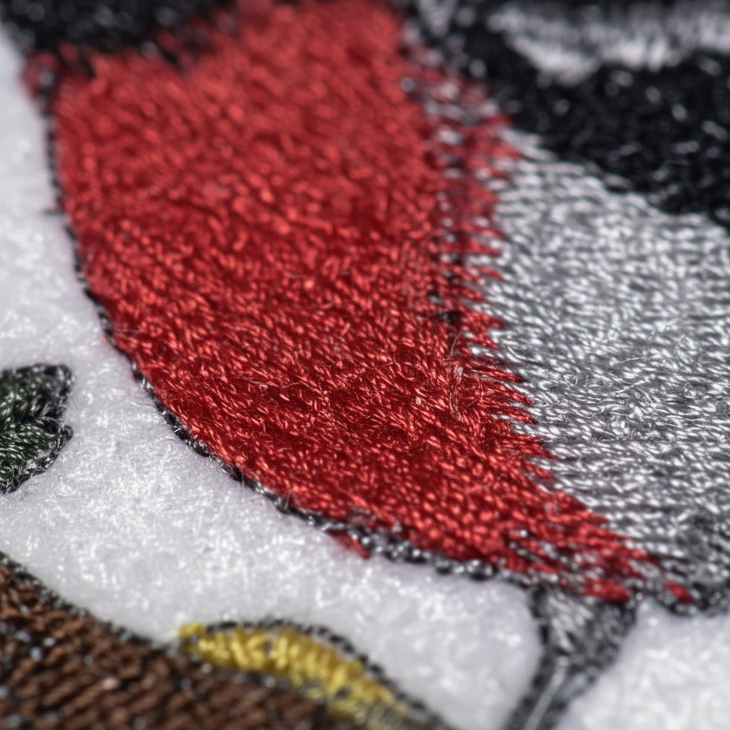 Extreme macro close-up of rose-red embroidery stitching detail