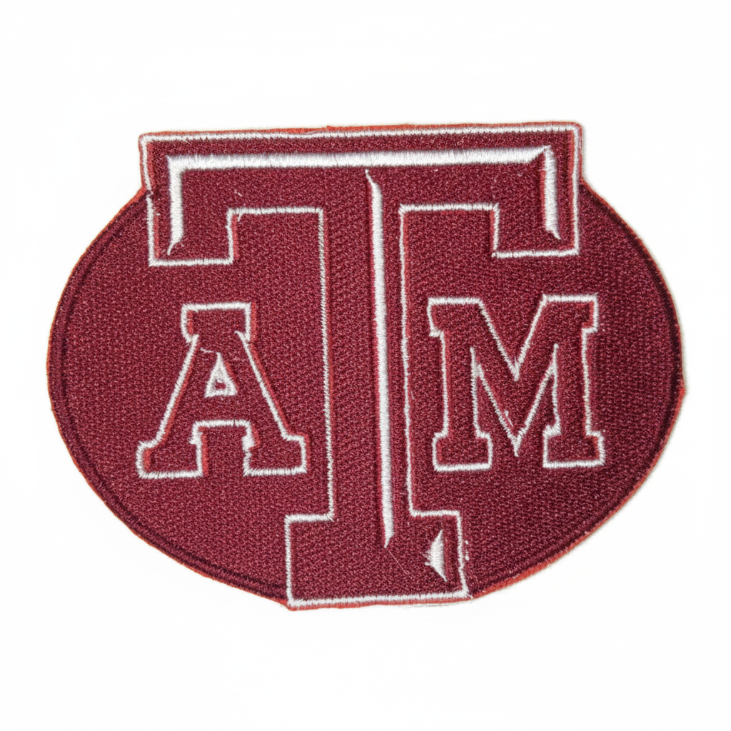 Clean, square product image of a Texas A&M logo embroidered patch