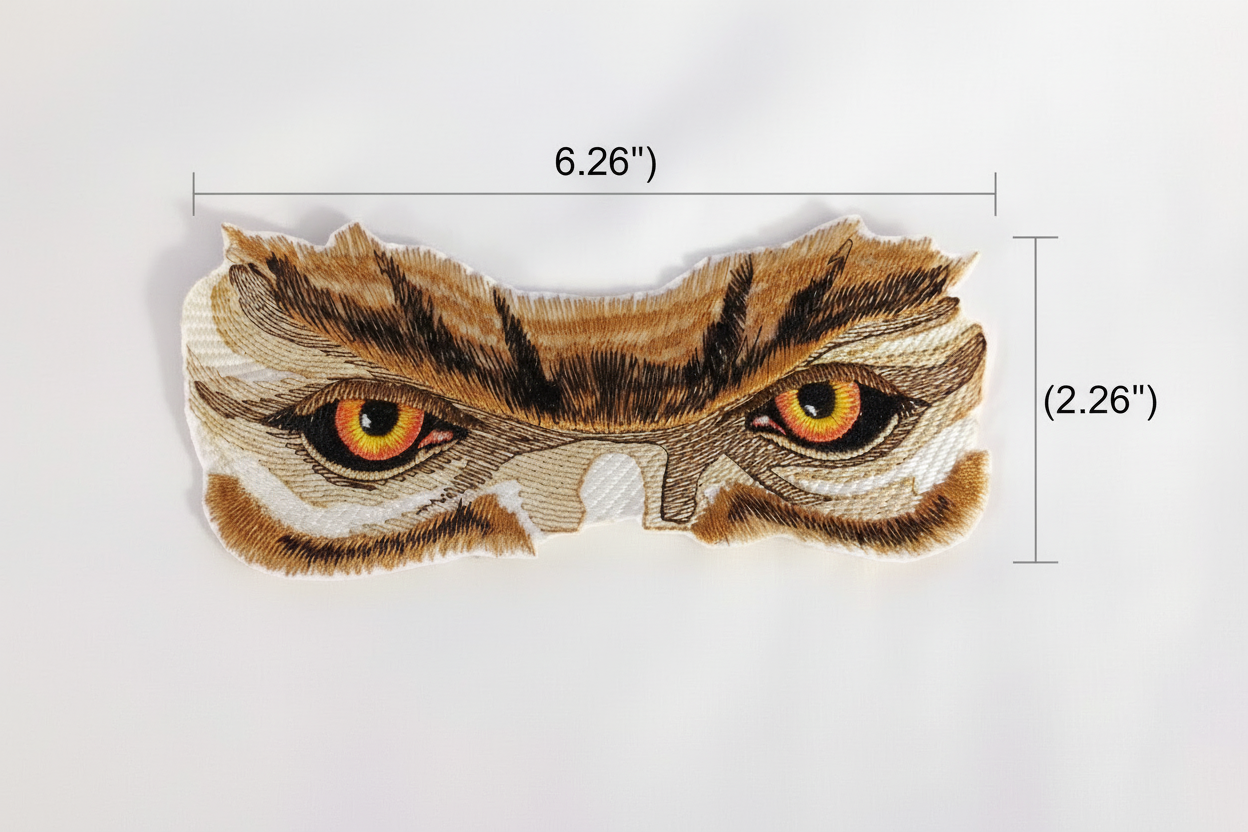 Werewolf eyes embroidered patch with size measurements - 6.26 x 2.79 inches