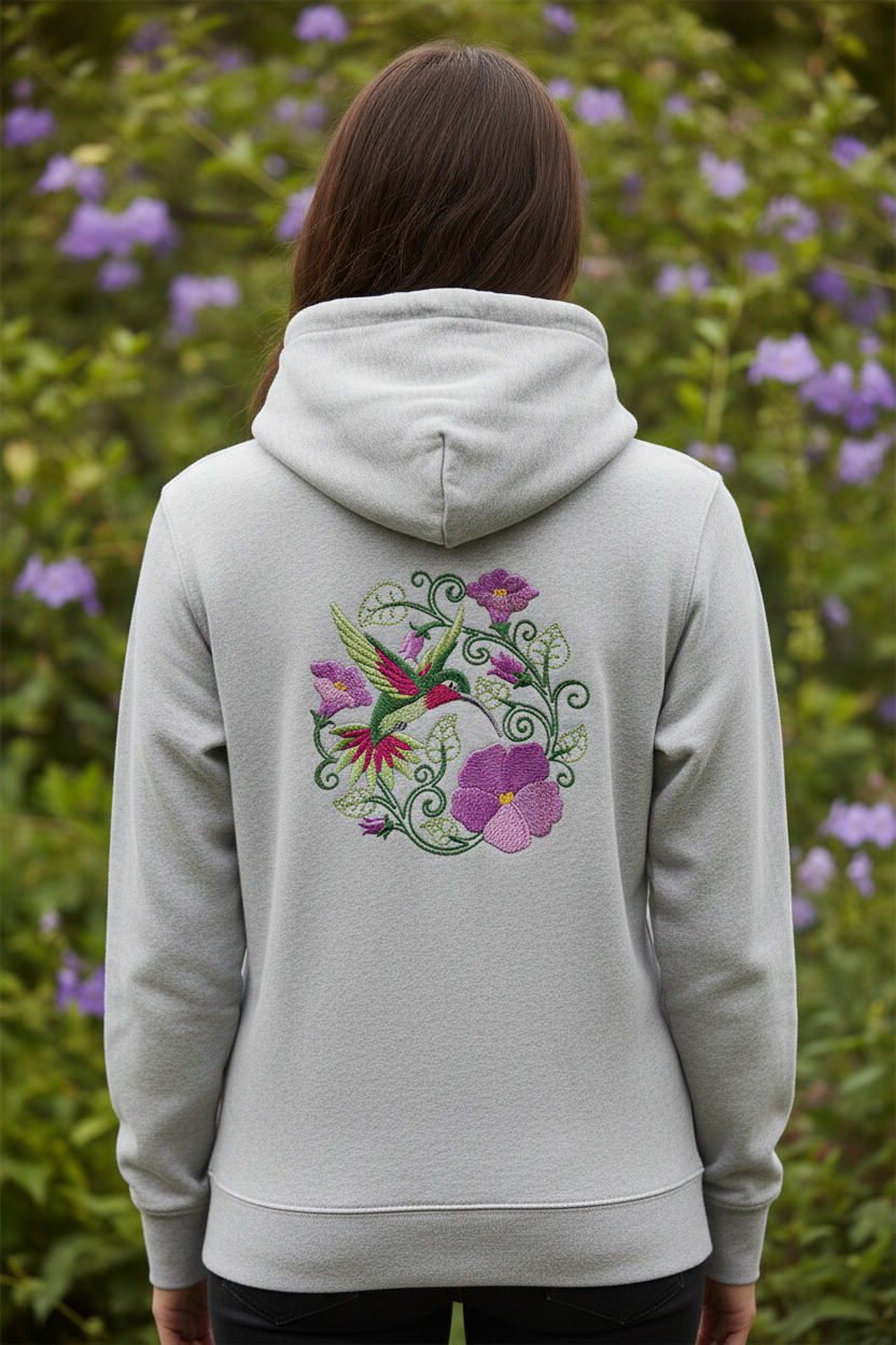 Model wearing hoodie with hummingbird patch on back