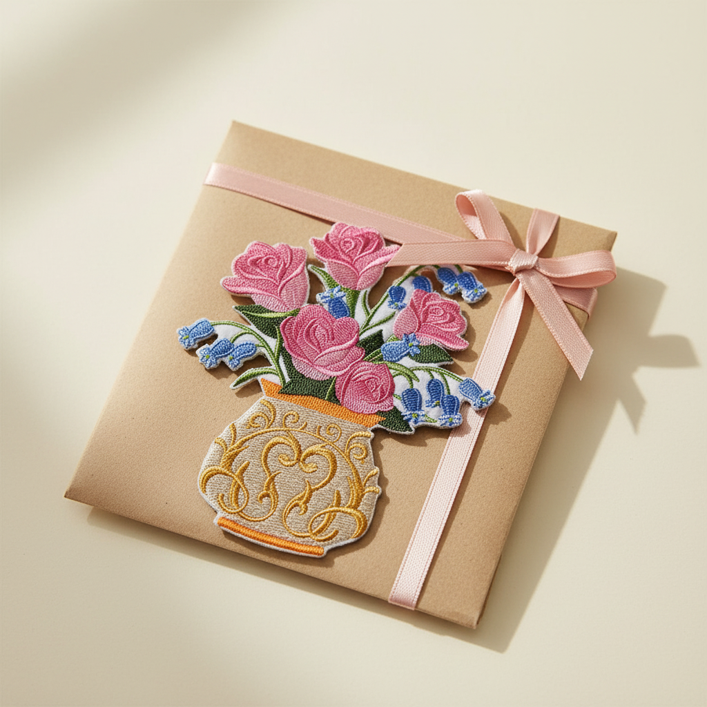 Gift presentation of Victoria Rose and Blue Bells patch on kraft paper with pink ribbon