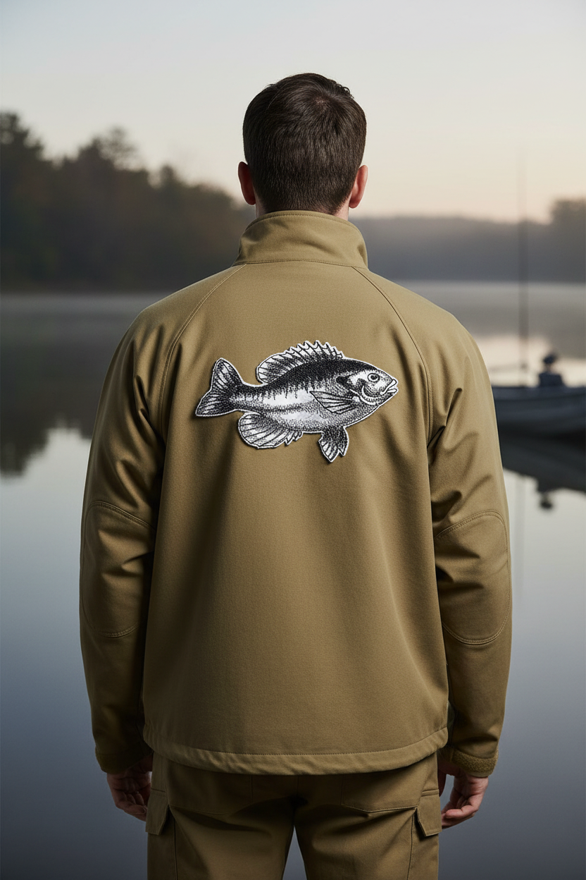 Model wearing fishing jacket with fish patch on back at river scene