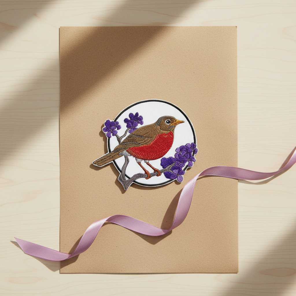 Robin patch gift presentation on kraft paper with ribbon