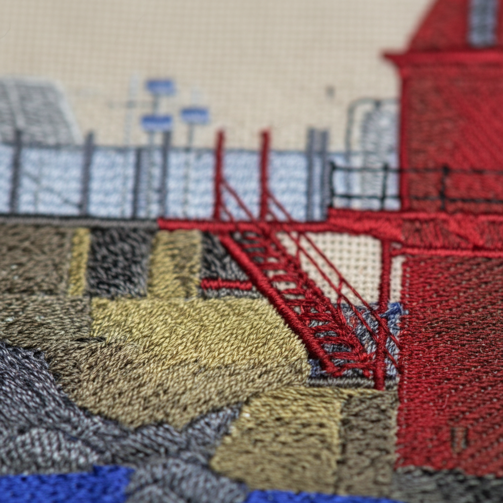 Extreme macro close-up of Ship John Shoal Lighthouse patch embroidery stitching detail
