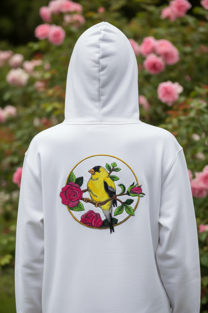 Model wearing hoodie with goldfinch patch on back