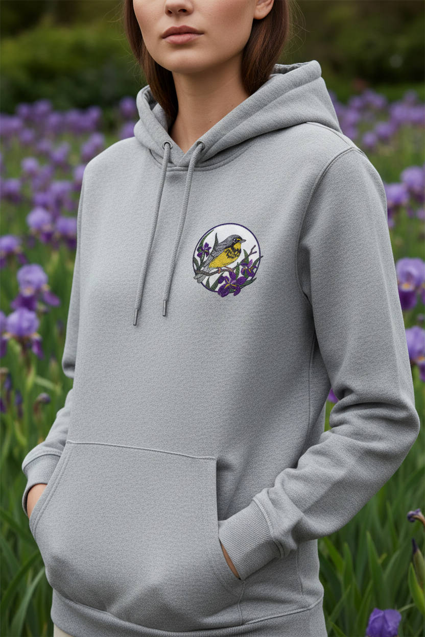 Model wearing hoodie with Canada warbler patch on chest