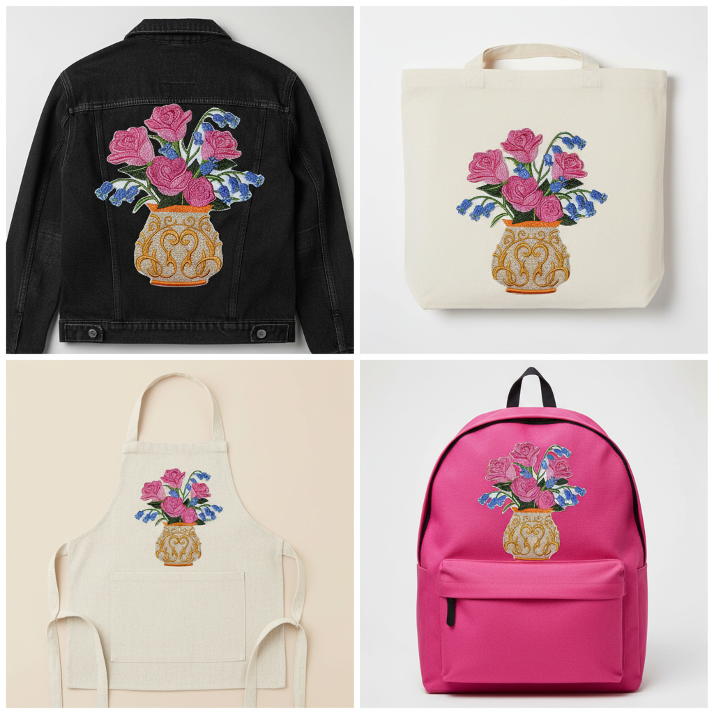 Grid comparison showing Victoria Rose patch on jacket, tote bag, apron, and backpack