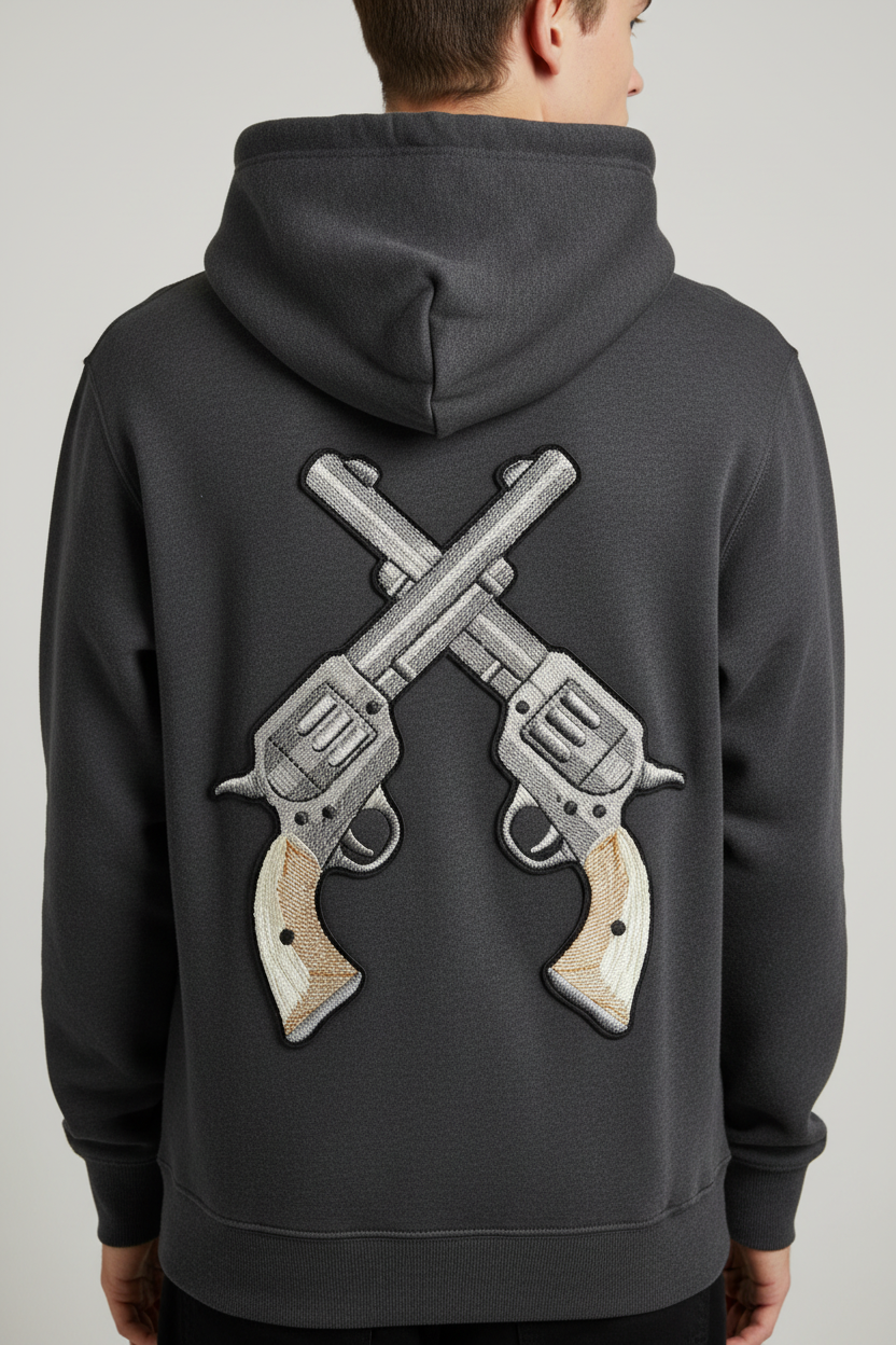 Model wearing hoodie with patch on back