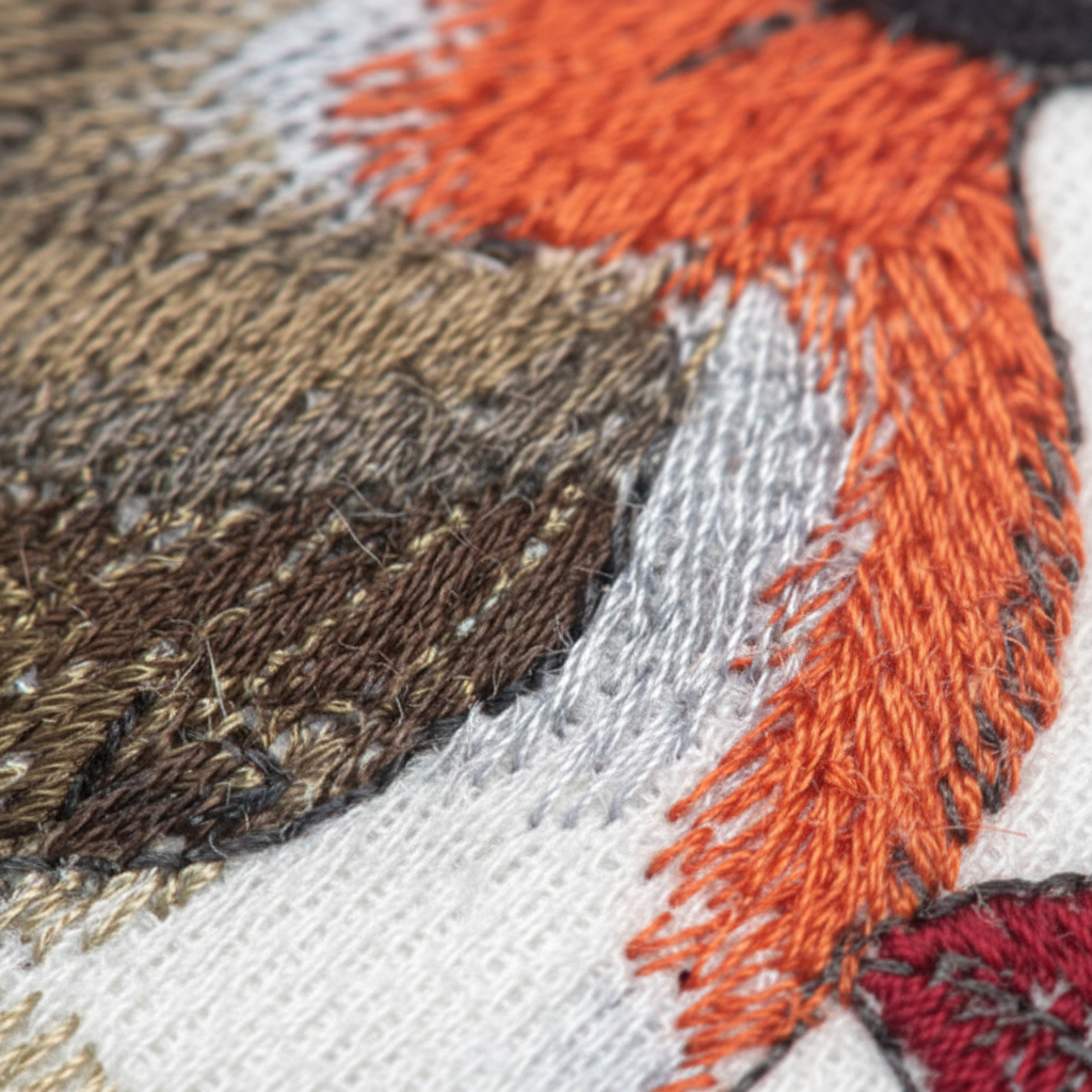 Extreme macro close-up of orange-red embroidery stitching detail
