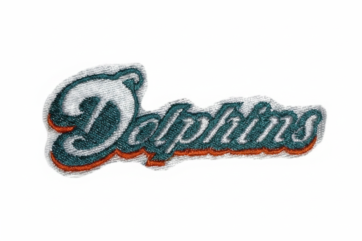 Miami Dolphins embroidered Dolphins script wordmark patch on a white background