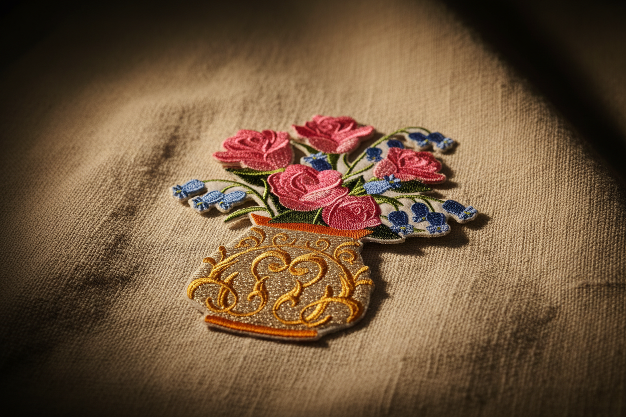 Artistic lifestyle photo of Victoria Rose patch on linen with dramatic romantic lighting